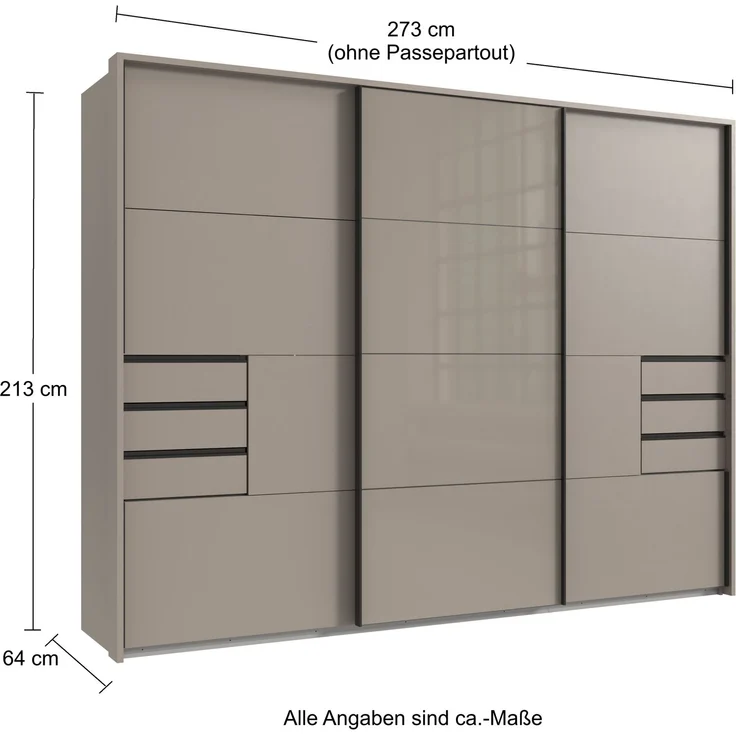 Schwebetürenschrank Kleiderschrank 3-trg 273cm Sandgrau, Glasfront Passepartout – Bild 9
