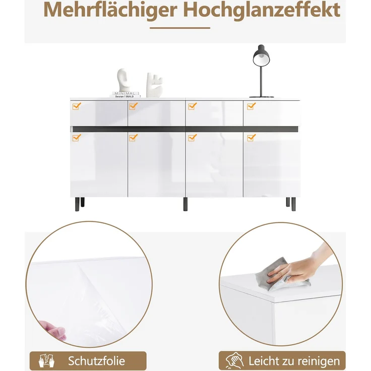 Merax Hochglanz Sideboard, Kommoden, Highboard, Schubladenkommoden mit 4 Schubladen 2 Türen und höhenverstellbaren Regalböden, Hochglanz-Sideboard, Hochglanz-Unterschränke, Eckschränke – Bild 6
