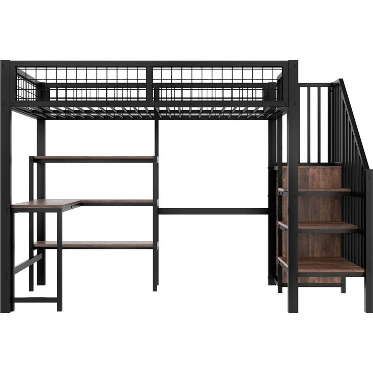 Hochbett Liegefläche 90x200 cm aus Metall und MDF mit Schreibtisch, Regalen und Kleiderschrank in Schwarz-Braun, ohne Matratze – Bild 9