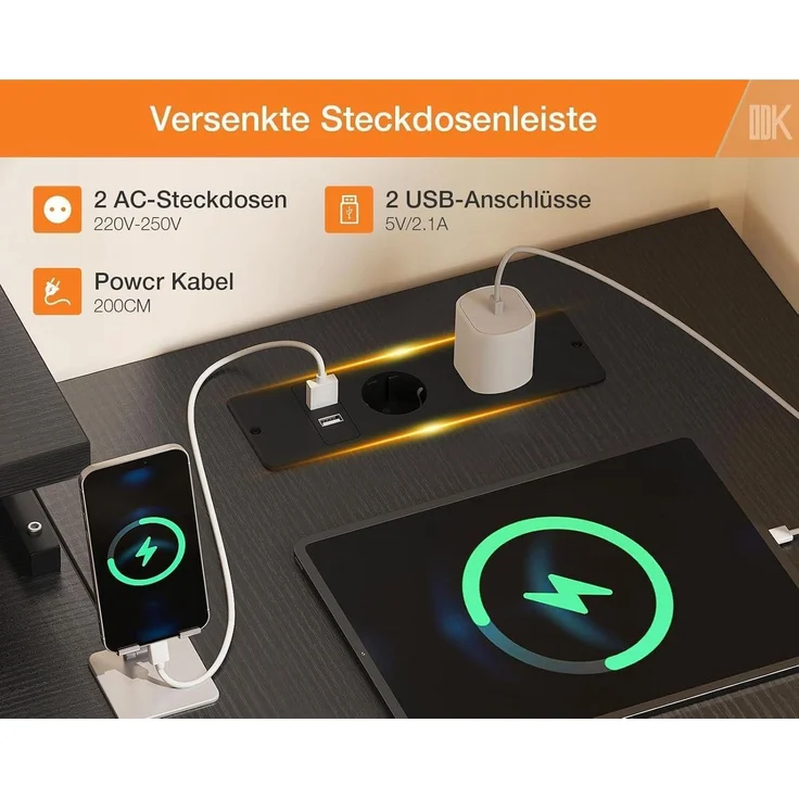 ODK L-förmiger Schreibtisch Schwarz USB-Ladestation 4 Schubladen 160x80cm – Bild 5