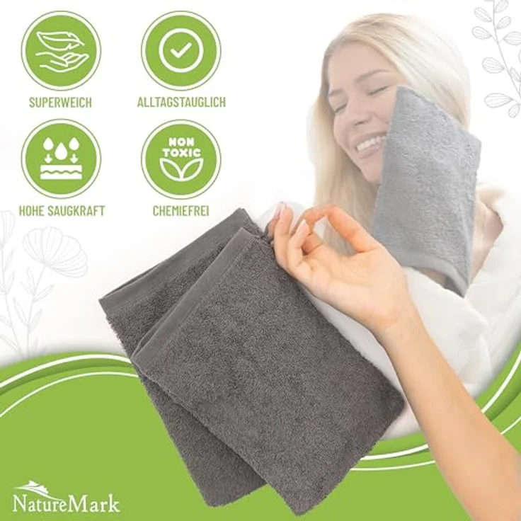 NatureMark 10er Pack Frottee Waschhandschuhe, Waschlappen, 100% Baumwolle, Anthrazit grau, 15x21 cm – Bild 3