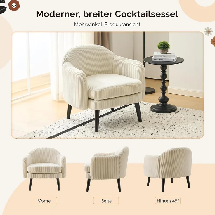 Sessel Cocktailsessel Loungesessel Wohnzimmer Cord-stoff Beige – Bild 7