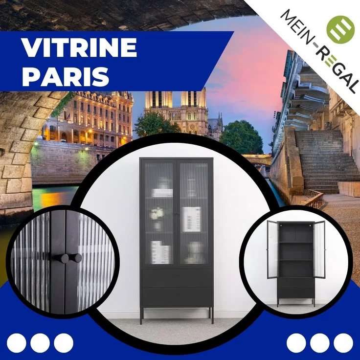Mein-Regal Vitrine Paris aus Metall mit Schubladen und Glastüren Schwarz – Bild 5