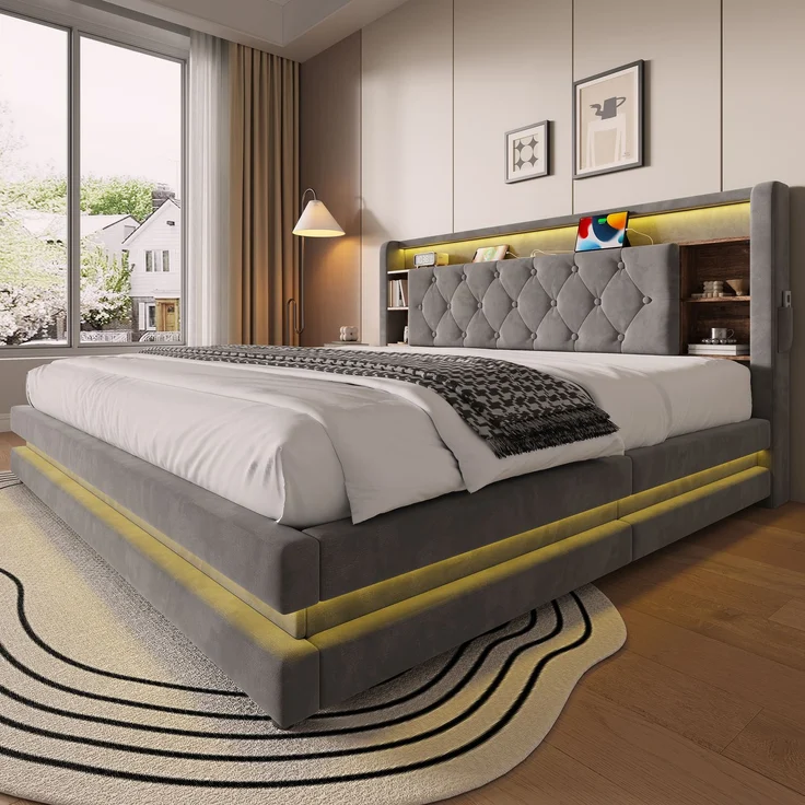 TavilaEcon Boxspringbett Samtbett, Polsterbett mit LED-Beleuchtung & USB-Ladefunktion grau Liegefläche 180 × 200 cm – Bild 8