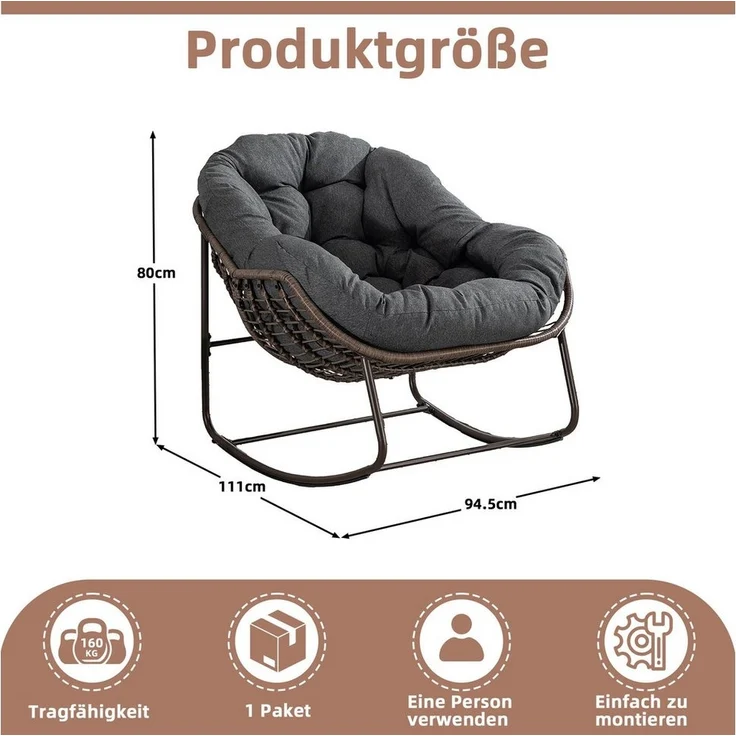 LVHOM Schaukelstuhl mit gepolstertem Kissen, Rattanstuhl mit Stahlrahmen, Lounge Sessel (Großformat B110.5cm x T94.5cm x H80cm,Dicke Kissen,160kg Tragfähigkeit, MEHRE FARBEN MEHRE OPTIONEN! Schaukelsessel umhüllendem Sitzgefühl & hoher Armlehne, 1 St),... – Bild 2