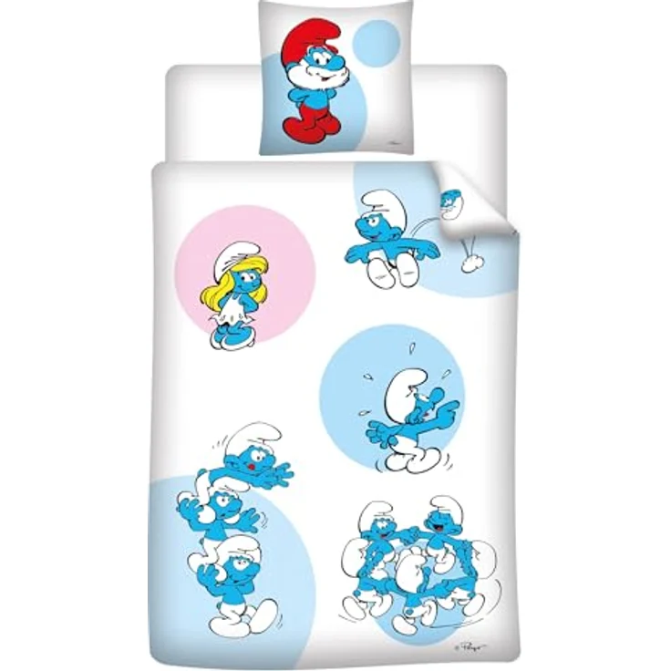 Aymax Schlümpfe Bettwäsche, wendbarer Bettbezug 140 x 200 cm + Kissenbezug 65 x 65 cm, 100 % Baumwolle, Blau – Bild 2