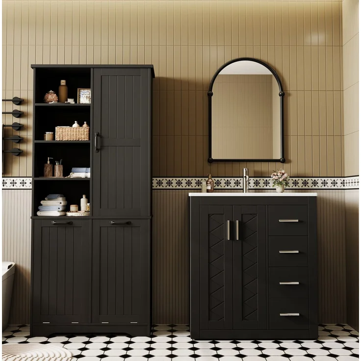 Badezimmerschrank 78 x 35 x 172,7 cm mit 2 Wäschekörben und verstellbarem Einlegeboden – Schwarz – Bild 4