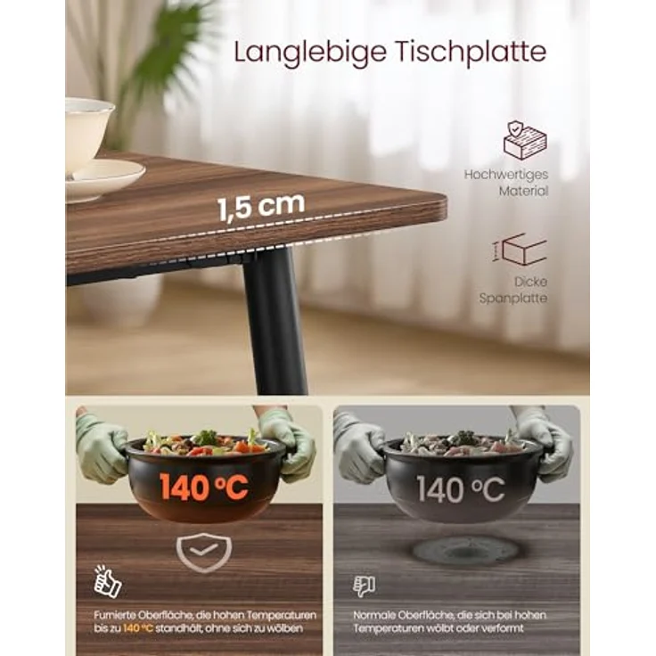 VASAGLE Esstisch für 4-6 Personen, Esszimmertisch, Küchentisch im Landhausstil, hitzebeständige Tischplatte, schneller Aufbau, 75 x 140 x 75 cm, naturwalnussfarben-tintenschwarz KDT100KE02 – Bild 4