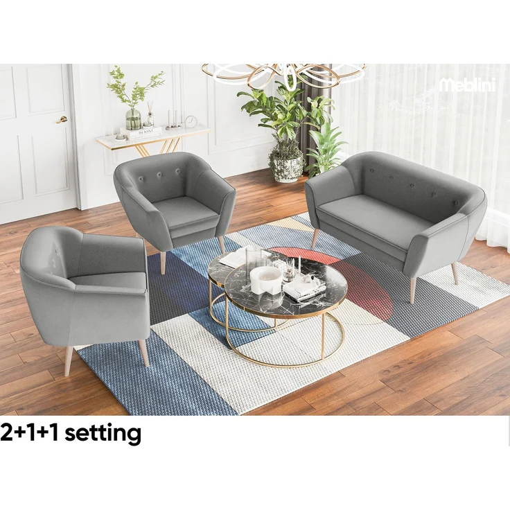 MEBLINI Mini Sofa Set 2-1-1 für Wohnzimmer - Mini Lounge für vier Personen - Küchensofa - Sofa Klein - Sitzgarnitur - Polstergarnitur - Sofagarnituren - DORIS - 2+1+1 - Hellgrau Samt – Bild 2