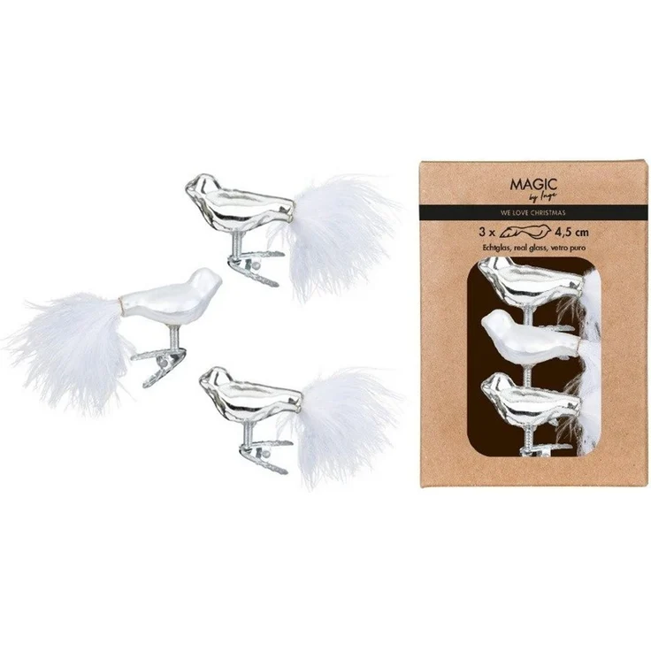Holly & Jolly Christbaumschmuck, Christbaumschmuck Vögel auf Clip 4,5cm Glas 3er Set - Frosty Silver