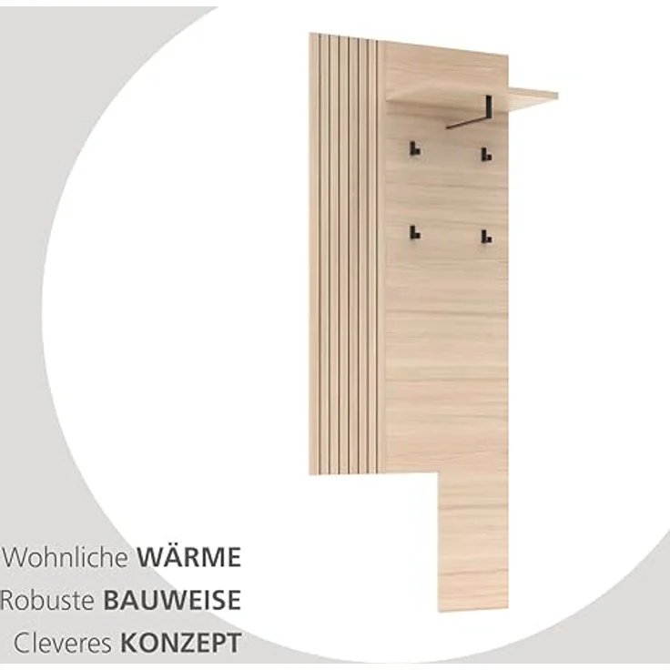 Innostyle Garderobenpaneel PISA, Riva Eiche Dekor, 1 Kleiderstange, 4 Haken, mit Hutablage, B 70 x H 175 x T 30 cm – Bild 5