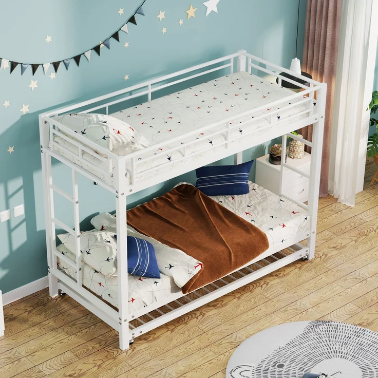 Etagenbett 90x200 cm mit ausziehbarem Rollbett, Metallrahmenbett mit hohem Sicherheitsgeländer, Kinderbett mit Doppelbettfunktion,Weiß – Bild 3