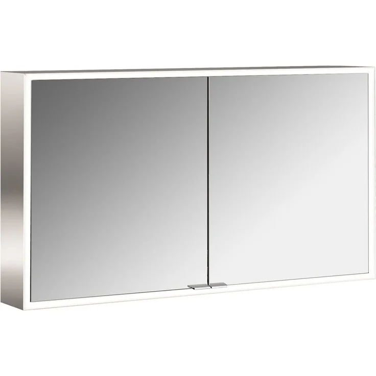 emco LED Lichtspiegelschrank Prime Facelift 1200x600 mm, 2-türig mit Glasablagen, Steckdosen und stufenloser Lichtsteuerung, IP20, weiß