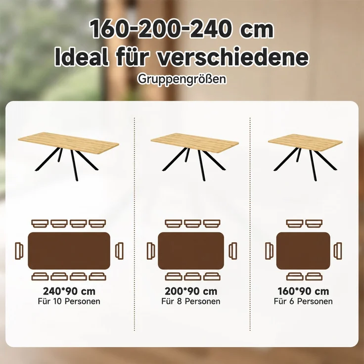 Merax Ausziehbarer Esstisch mit 3 Längen, 160/200/240*90 cm, geeignet für 6-10 Personen, rechte Form, Metallbeine, einfacher Stil, Tisch für Esszimmer, Küche, Eichenfarbe – Bild 6