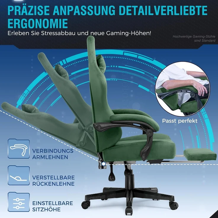 GTPLAYER Gaming Stuhl, Atmungsaktiver Bürostuhl, bürostuhl ergonomisch, Hochwertiger - Stoff, Ergonomischer PC Stuhl, 160° Verstellbare Rückenlehne und ausziehbare Fußstütze, Grün – Bild 7