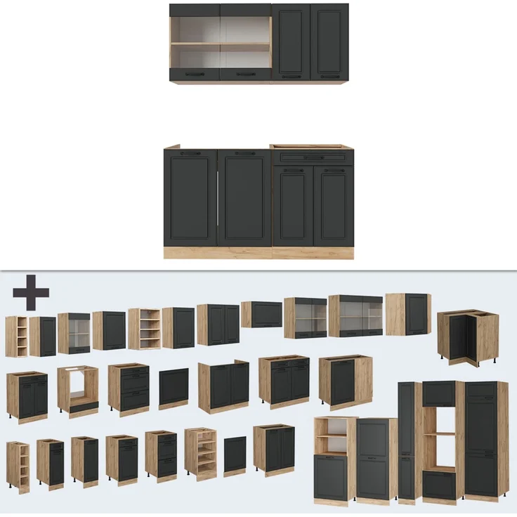Singleküche R-Line Anthrazit Landhaus/Goldkraft Eiche 140 cm , AP Marmor Vicco – Bild 6