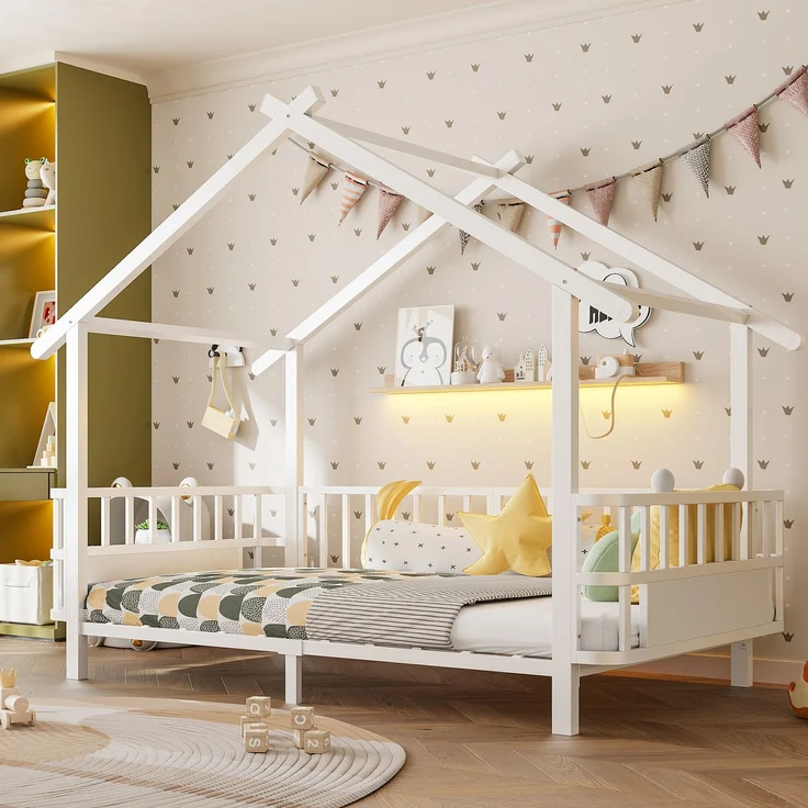 ZUBALIYA Kinderbett 90 × 200 cm, Metall, Schutzgitter, Weiß – Bild 1
