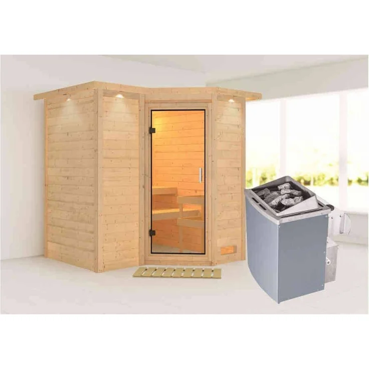 Karibu Sauna Sahib 1 mit Dachkranz + 9kW Saunaofen mit integr. Steuerung Graphit-Ganzglastür – Bild 6