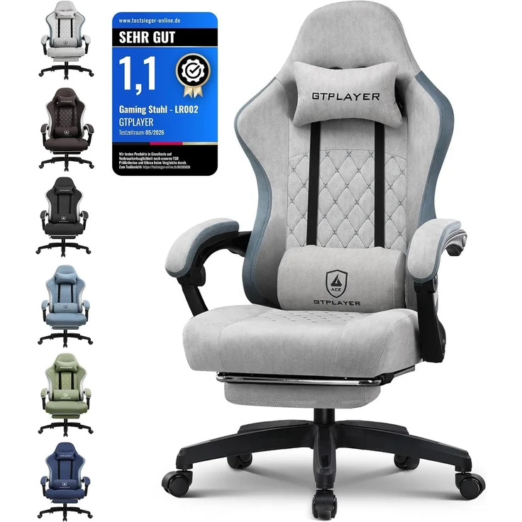 GTPLAYER Gaming Stuhl Ergonomischer Gaming Sessel Schreibtischstuhl mit Stoffoberfläche, Federsitzkissen, Verbindungsarmlehnen und Fußstütze grau – Bild 1