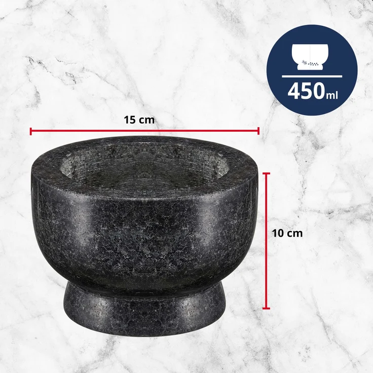 MEISTERKOCH Mörser mit Stößel Granit für Gewürze, Schwarz groß XXL mit 3,5 kg rutschfest, polierter Steinmörser, Innenfläche & Stößelspitze rau, Gewürzmörser massiv mit 15cm Ø & 450ml – Bild 10