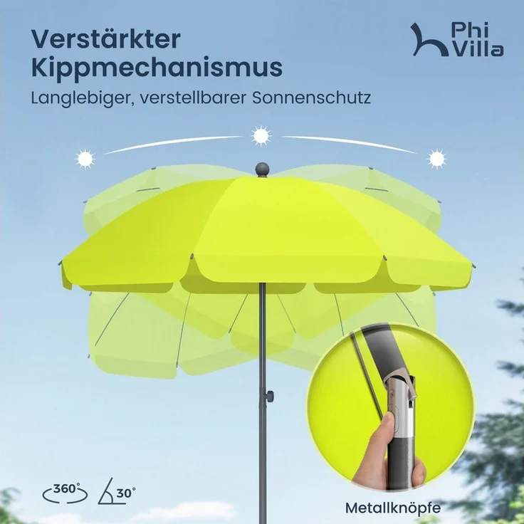 PHI VILLA Sonnenschirm, Höhenverstellbar mit Hülle & Klemme, Strandschirm Kippbar Windfest Stabil zum Mitnehmen – Bild 3