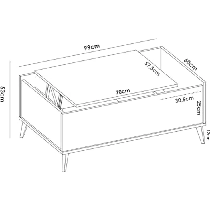 Dmora - Cuna-Couchtisch, Wohnzimmer-Zeitungsständer mit Ablagefach, niedriger hochklappbarer Couchtisch, 99 x 60 x 41 cm, Nodi-Eiche – Bild 3