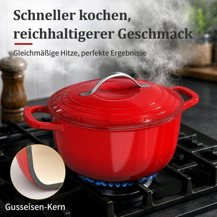 LALAHO Bratentopf 4,7/7,1L-Gusseisentopf mit Edelstahlgriff, Eisen, Edelstahl, Inklusive Ofenhandschuhen und Untersetzer – Bild 2