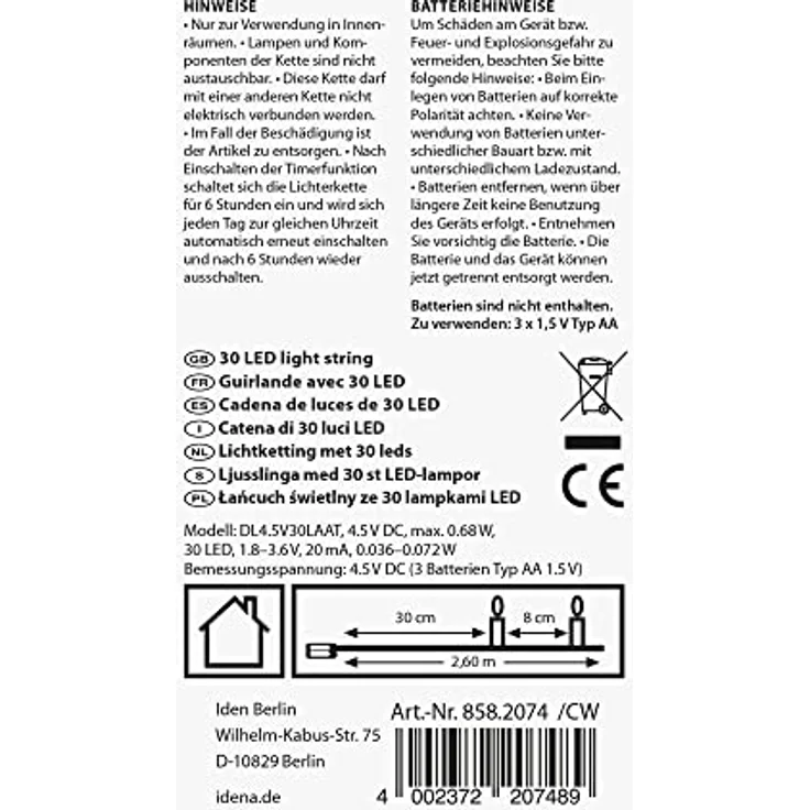 Idena 8582074 - LED Lichterkette mit 30 LEDs in Warmweiß, 6 Stunden Timer Funktion, batteriebetrieben, ca. 2,6 m lang, Deko für Innen, zum Basteln, als Party Deko, Weihnachtsdeko, zur Hochzeit – Bild 3