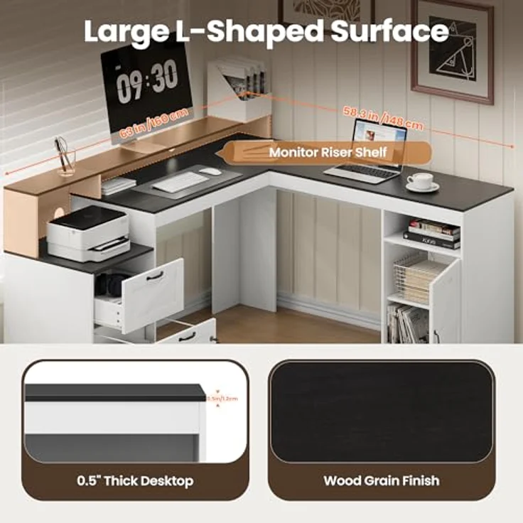 COLAMY 160 cm Landhaus L‑förmiger Schreibtisch, Eckschreibtisch mit Schubladen und Ablageboden, Home‑Office Schreibtisch mit Steckdose, Monitorständer, Holzmaserung Desktop, Weiß & Schwarz – Bild 3