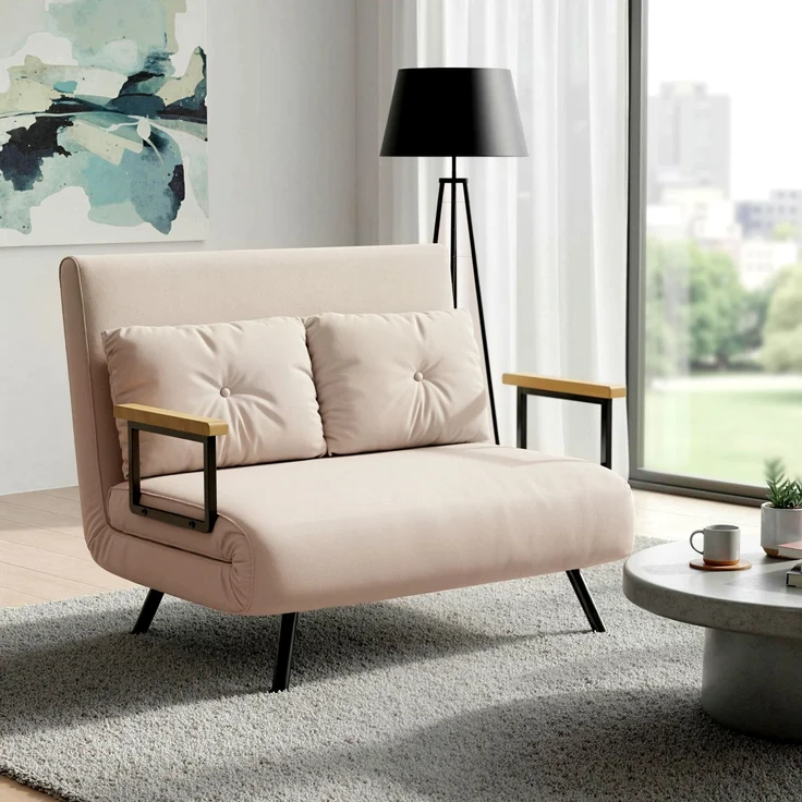 HOMCOM Relaxsessel mit Bettfunktion, Polstersofa mit verstellbarer Rückenlehne, Gästebett, Beige Samt, 102 x 73 x 81 cm – Bild 2
