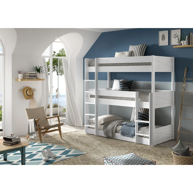 Etagenbett Karyl 206x105x200 3-fach Hochbett Massivholz Weiß – Bild 1