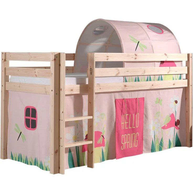Spielbett Pino mit Textilset Vorhang und Tunnel "Spring", Kiefer massiv natur