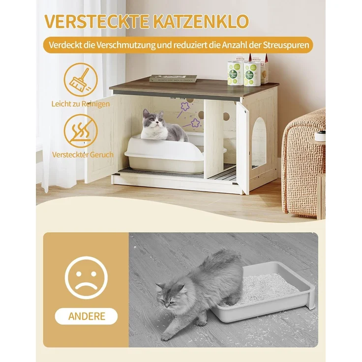 Katzenklo Schrank, Katzenschrank, Katzentoilette mit Herausnehmbarer Trennwand, Katzenhaus, Umkehrbarer Eingang Links oder Rechts, als Sideboard, 80 x 50 x 54 cm, Vintagebraun-Weiß – Bild 4