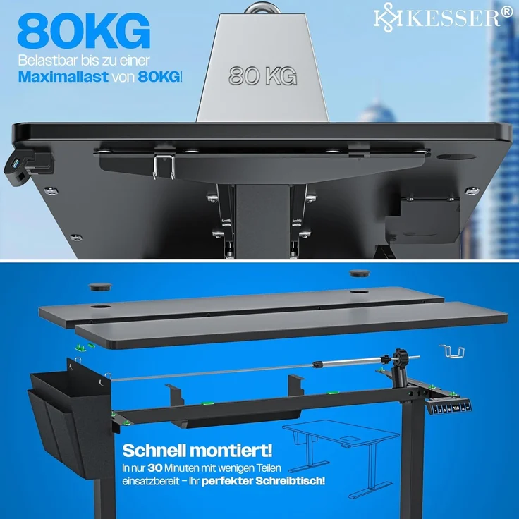 KESSER® Höhenverstellbarer Schreibtisch elektrisch | Ergonomisch Steh-Sitz Schreibtisch | 3-Funktions-Memory Steuerung | Inkl. 360° Rollen & USB-Ladeanschluss | Computertisch für Homeoffice Schwarz, 120 x 60 cm – Bild 6