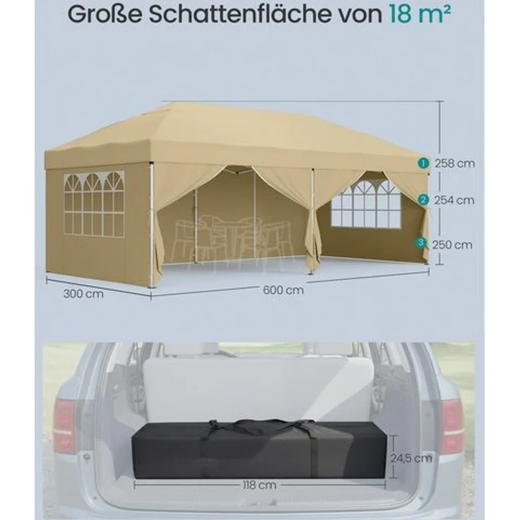 SONGMICS Faltzelt 6 x 3 m, mit Seitenwänden, stabil, tragbar, Pavillon für Garten, Hof, Party, Sonnenschutz, beige – Bild 5