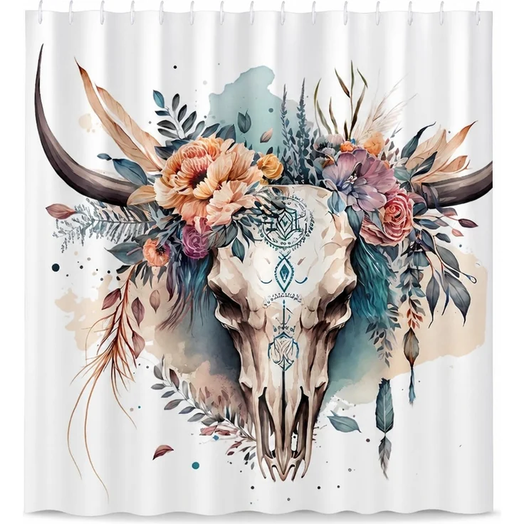 Wasserdichter Duschvorhang mit Boho-Stierkopf-Motiv Mehrfarbig 180 x 180 cm – Bild 1