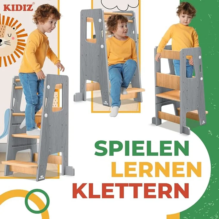 KIDIZ® Lernturm für Kinder ab 1 Jahr inkl. Lernuhr, 3-stufig Höhenverstellbarer Tritthocker aus Kiefernholz, spielerisch motorische Fähigkeiten fördern, Montessori Learning Tower, bis 50 kg belastbar, Grau / Hellbraun, 90 x 40 x 44 cm – Bild 5