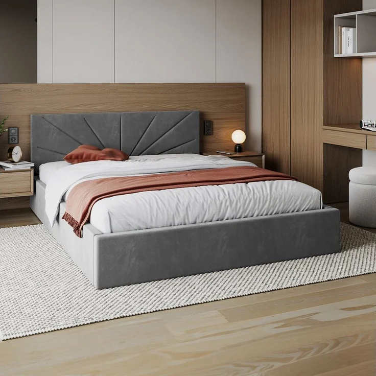 FDM Polsterbett SUNSET Bettgestell MADE IN EU - mit hochwertigem Velours Bezug (verfügbar 90x200 120x200 140x200 160x200 180x200 cm, Bettrahmen, Bett, mit großen gepolsterten Kopfteil, mit Bettkasten zum aufklappen), Hebbarer Metallrahmen, Bettkasten, o... – Bild 4
