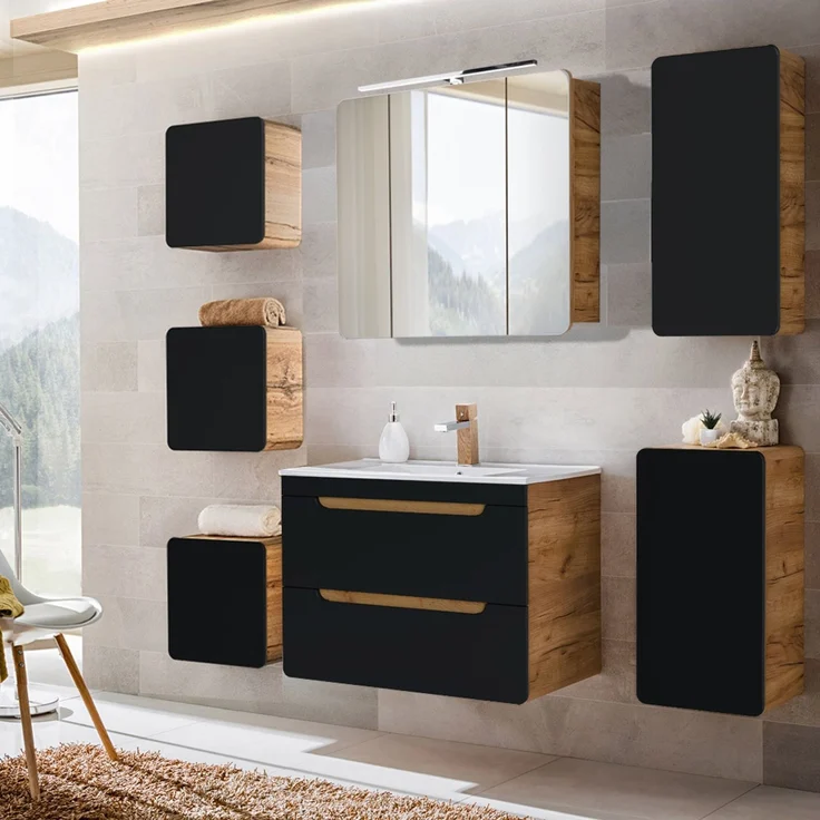 Badmöbel Komplettset in seidenmatt anthrazit mit Wotan Eiche Nb. NEW-LUTON mit 81 cm Keramik-Waschtisch & LED-Spiegelschrank, B/H/T ca. 180/200/46 cm – Bild 1