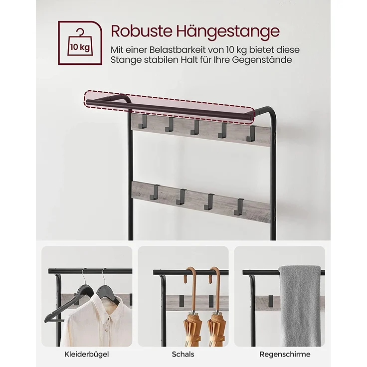 Vasagle Garderobenständer, Garderobe, Schuhregal mit Sitzfläche, Kleiderständer mit 9 abnehmbaren Haken, Sitzbank, 2 Gitterablagen, 183 cm hoch, Indus [HSR40 MB] – Bild 3