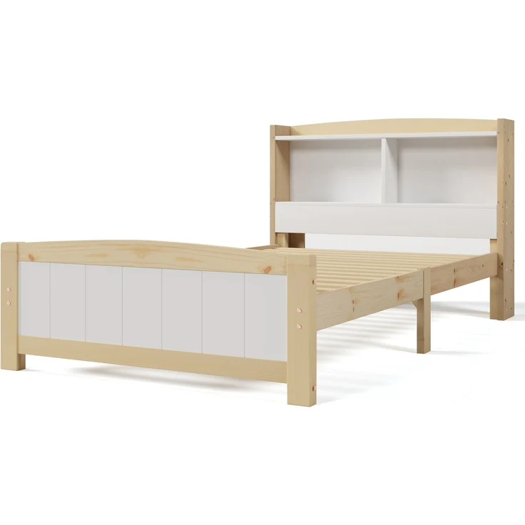 Bett 90x200 cm mit Stauraum-Kopfteil aus Massivholz, weiß – platzsparendes Einzelbett mit Lattenrost – Bild 9