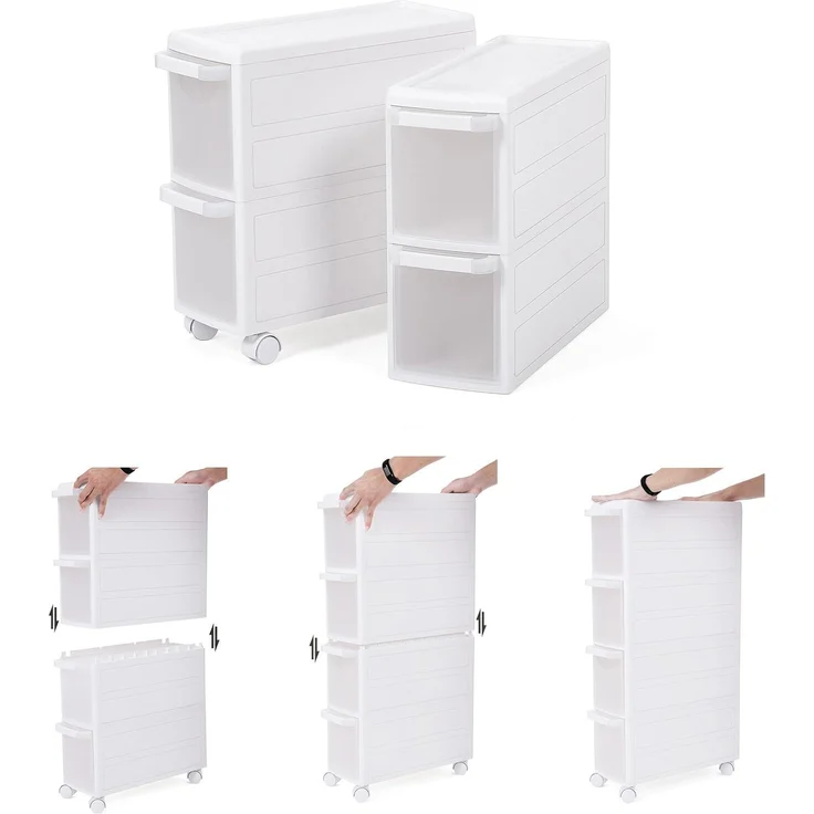 Songmics Rollwagen mit 4 Schubladen, Nischenregal mit 4 Ebenen, 2-teilig, separat benutzbar, Küchenregal, Badregal, Standregal, Allzweckwagen mit Rollen, 84,5 cm hoch, weiß KFR05W, 18 x 84,5 x 46 cm – Bild 5