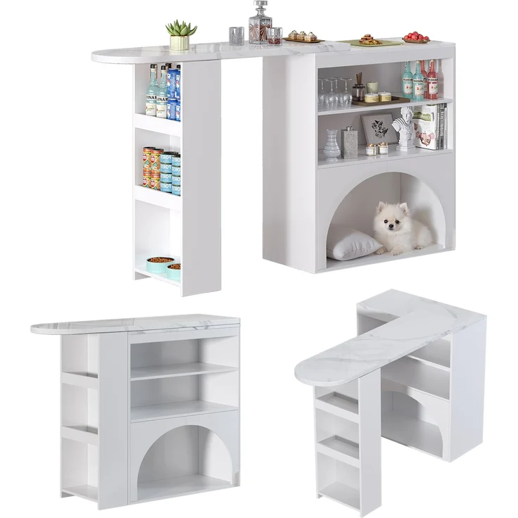 Ausziehbarer Thekentisch mit Haustierbereich, Marmoroptik, weiß, 120(+80)x40x100 cm – Bild 8