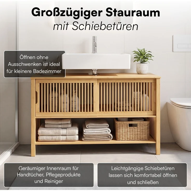 Bellamio 'Newa' Waschbeckenunterschrank, Bambus, natur, Badezimmerschrank mit 2 Ablagefächern und Schiebetüren – Bild 3