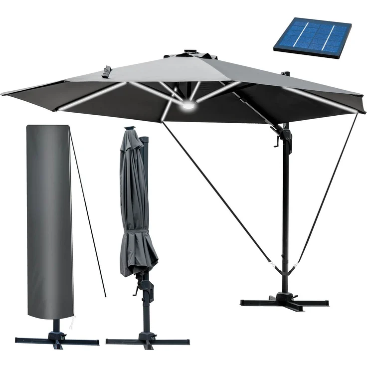BRAST Alu Sonnenschirm Ampelschirm Ø360cm Grau + LEDs Windsicherung & Schützhülle UV-Schutz 80+ wasserabweisend mit Kurbelvorrichtung drehbar schwenkbar & höhenverstellbar – Bild 1