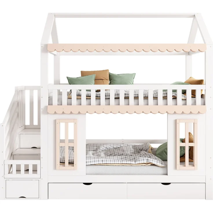 ZUBALIYA Etagenbett, Kinderbett, Hausform, Seitlicher Stauraumschrank mit Leiter, 2 Schubladen, Dekorative Holzfenster und Zierleisten, Kiefer+MDF, Weiß+Natur, 90x200 cm, Natur / Weiß – Bild 15