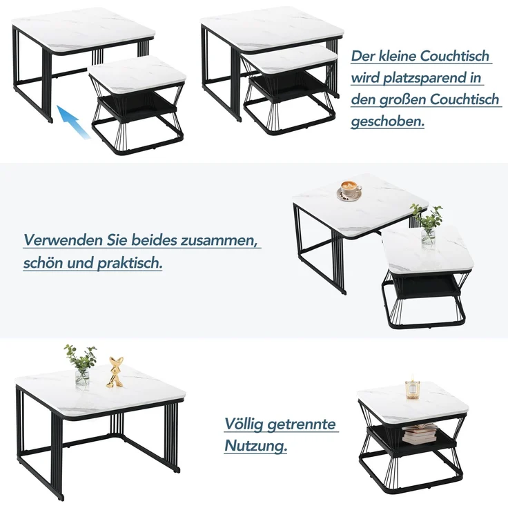 Couchtisch-Set 2-teilig, B 65 x T 65 x H 45 cm & B 45 x T 45 x H 39,5 cm, MDF in Marmoroptik, Stahlgestell – Bild 8