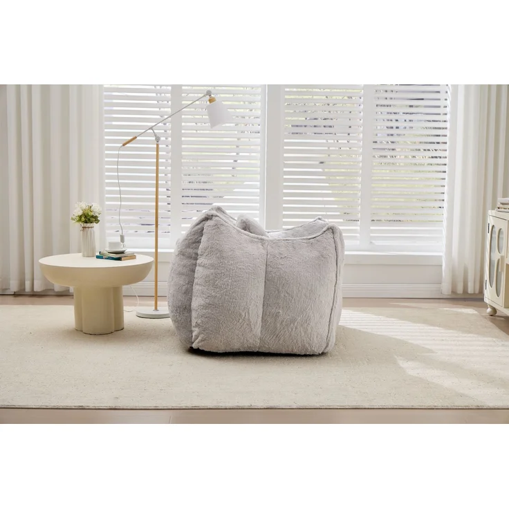 Großer Sitzsack-Sessel mit Kunstfellbezug und Kissen, weicher Loungesitz mit Schaumstoffflocken ohne Montage für Wohnzimmer, Grau – Bild 26