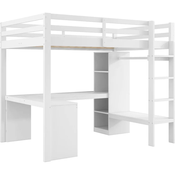 U-life Hochbett 90x200 cm mit Schreibtisch, Multifunktionsregalen, USB-Ladestation und LED-Beleuchtung, Weiß, 170 x 101,5 x 205 cm – Bild 2