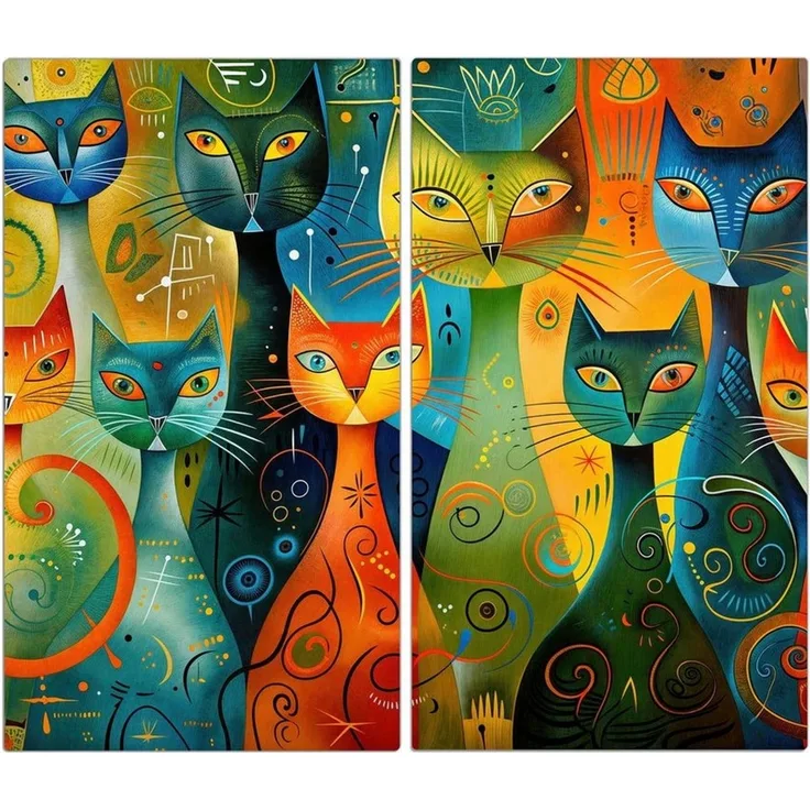 Primedeco Herd-Abdeckplatte Herdabdeckplatte Spritzschutz aus Glas Bunte Katzenkunst, Glas, (2 tlg)